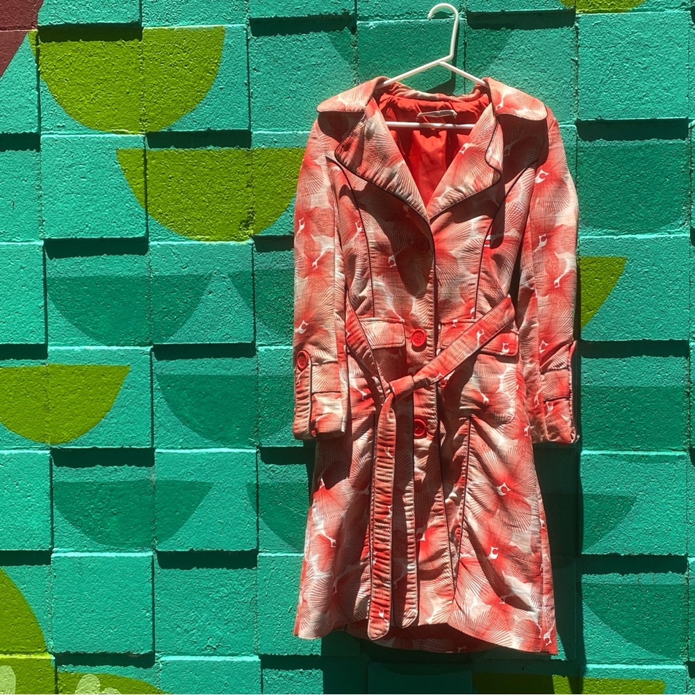 KAFFE clothing red and cream floral piped edge belted trench big button pockets - Picture 4 of 9